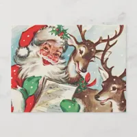 Vintage Santa and Reindeer Holiday Postcard