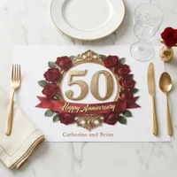 Gold Frame Red Roses 50th Anniversary Placemat