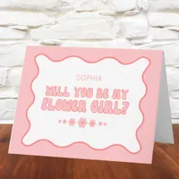 Cute Wavy Pink Personalized Flower Girl Proposal Card
