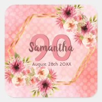 Birthday pink florals gold geometric name square sticker