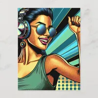 Pop Art Woman in Headphones Dancing Postcard