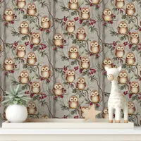 Woodland Owls on Berry Branch Nursery Wallpaper