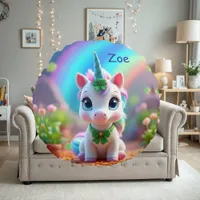 Cute baby unicorn and rainbow, girls  round pillow