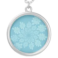  Romantic white fractal ornaments on blue Silver Plated Necklace