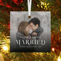 Modern First Christmas Married Newlywed Photo Glass Ornament