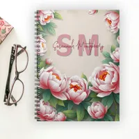 Blooming Pink Peony Flowers and Lush Green Leaves Notebook