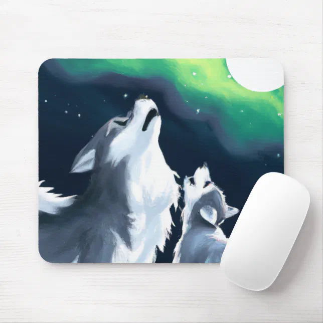 Cute Wolf and Pup Howl at Full Moon Mouse Pad