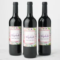 40th birthday pink florals white monogram wine label