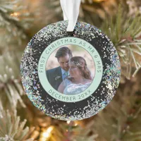 First Christmas Mr Mrs Photo Name Faux Glitter Ornament