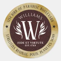 Elegant Leather Leaf & Vintage Paper Surname Motto Classic Round Sticker