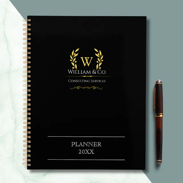 Classic Laurel Wreath Black Gold Monogram Planner