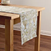 Festive Gold Marble Hanukkah Menorah Short Table Runner