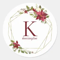 Elegant Christmas Geometric Foliage Monogram Classic Round Sticker