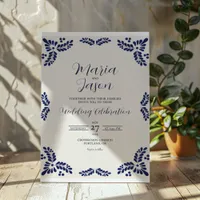 Mexican Talavera Blue Floral Minimalist Wedding Invitation