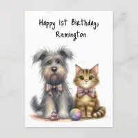 Cute Dog and Cat Happy 1st Birthday Personalized Postcard