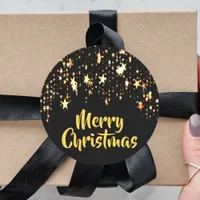 Merry Christmas on black with shining stars Classic Round Sticker