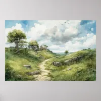 Watercolor winding path through a meadow poster