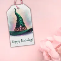 Pink Crown Emerald Green Witch Hat Happy Birthday Gift Tags