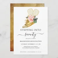 Floral Gold Shoe Pickleball Birthday Invitation