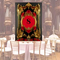 Golden frame with red roses, gothic style table number