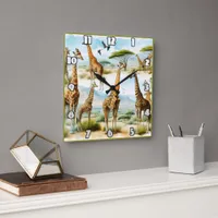 Majestic giraffes grazing under the African sun Square Wall Clock