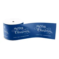 Ornate Script Name White Blue Merry Christmas Grosgrain Ribbon