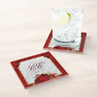 Red Floral Elegant Gold Wedding Monogram Glass Coaster