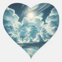 Beautiful Ocean, Dock and Fluffy Clouds Heart Sticker