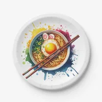A Bowl of Ramen Noodles and Chopsticks Paper Plates