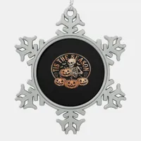 Tis Season Snowmobile Red Plaid Snowflake Pewter Christmas Ornament