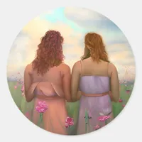Beautiful Lesbian Couple in Meadow of Flowers Classic Round Sticker