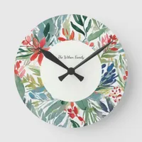 Festive Red Poinsettia Flowers Floral Christmas Round Clock