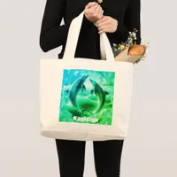 Monogram Blue & Green Dolphins Ocean | Large Tote Bag