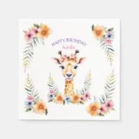 Baby Giraffe in Flowers Girl's Birthday Party Napkins