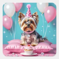 Cute Pink Yorkie Birthday Square Sticker