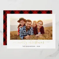 Buffalo Plaid Script Merry Christmas Photo Foil Holiday Card