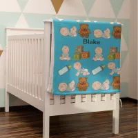 Little Boy Blocks Teddy Bear Bottle Pattern Blue Baby Blanket