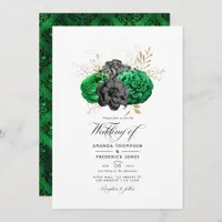 Dark Emerald and Gold Floral Wedding Invitation