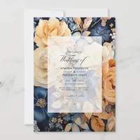 Champagne, Navy and Brown Floral Spring Wedding Invitation