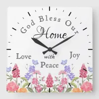 God Bless Our Home Floral Wildflowers White Square Wall Clock