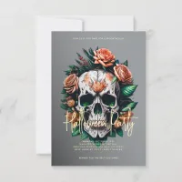 Floral Skull Grey Halloween Party Invitation