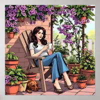 Pretty Lady Drinking Coffee Relaxing Outside Poster