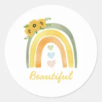 Sunflower Boho Rainbow Personalized  Classic Round Sticker