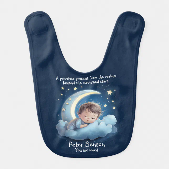 Cute Cartoon Baby Sleeping on Half Moon Cloud Blue Baby Bib