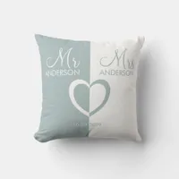 Blue white Mr Mrs name heart wedding gift Throw Pillow