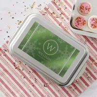 Festive Green Foil Snowflakes Monogram Name Cake Pan