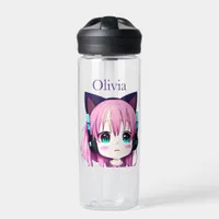 Personalized Kawaii Girl with Headphones on Water Bottle