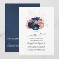 Navy and Blush Pink Vintage Roses Virtual Wedding Invitation