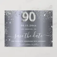 90th birthday silver glitter save the date postcard