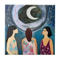 Celestial Artwork | Women Looking at the Moon Ceramic Tile